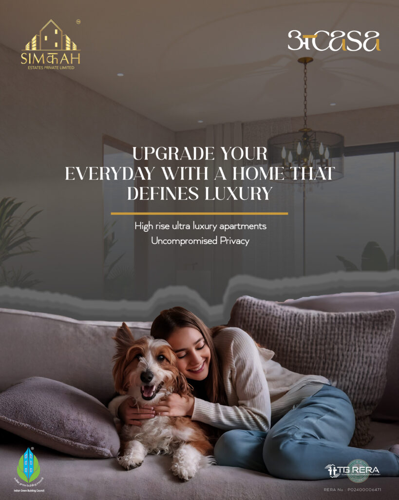 A young woman with her dog enjoying the spacious, sunlit interiors of a 4BHK flat at Simchah Estates in Kokapet, Hyderabad.